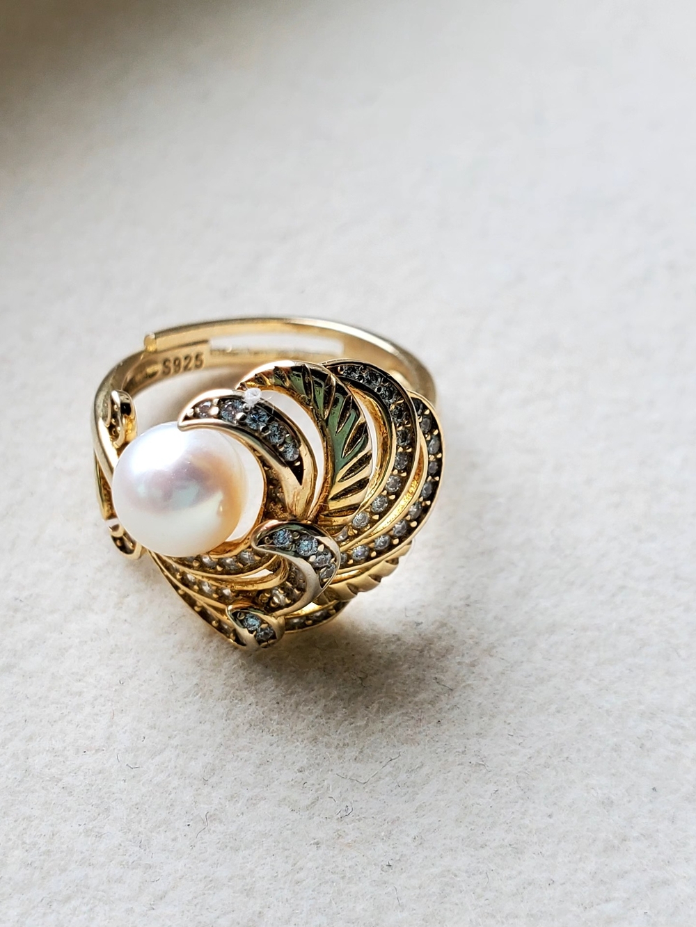 925 Sterling Silver Gold-Plated Freshwater Pearl Adjustable Ring